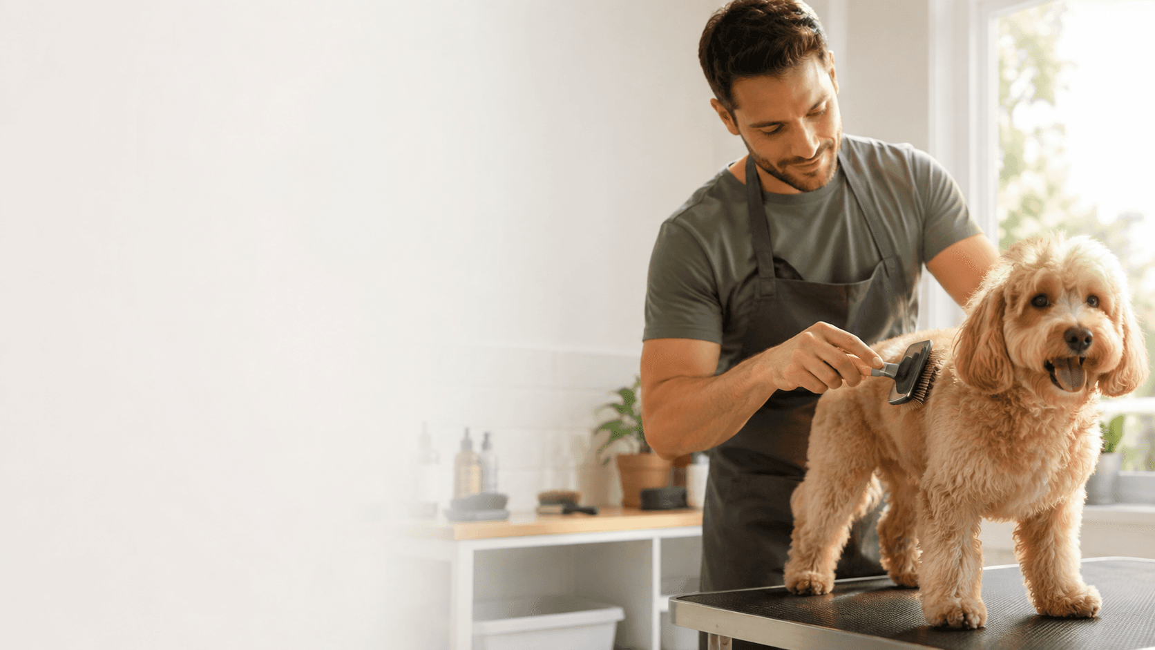 Person grooming a dog
