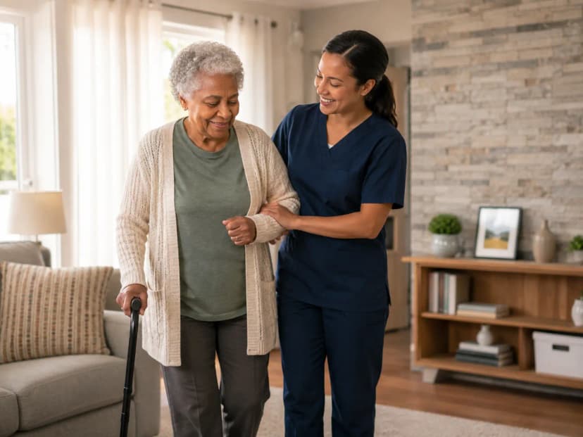 Home care provider working with an elderly lady