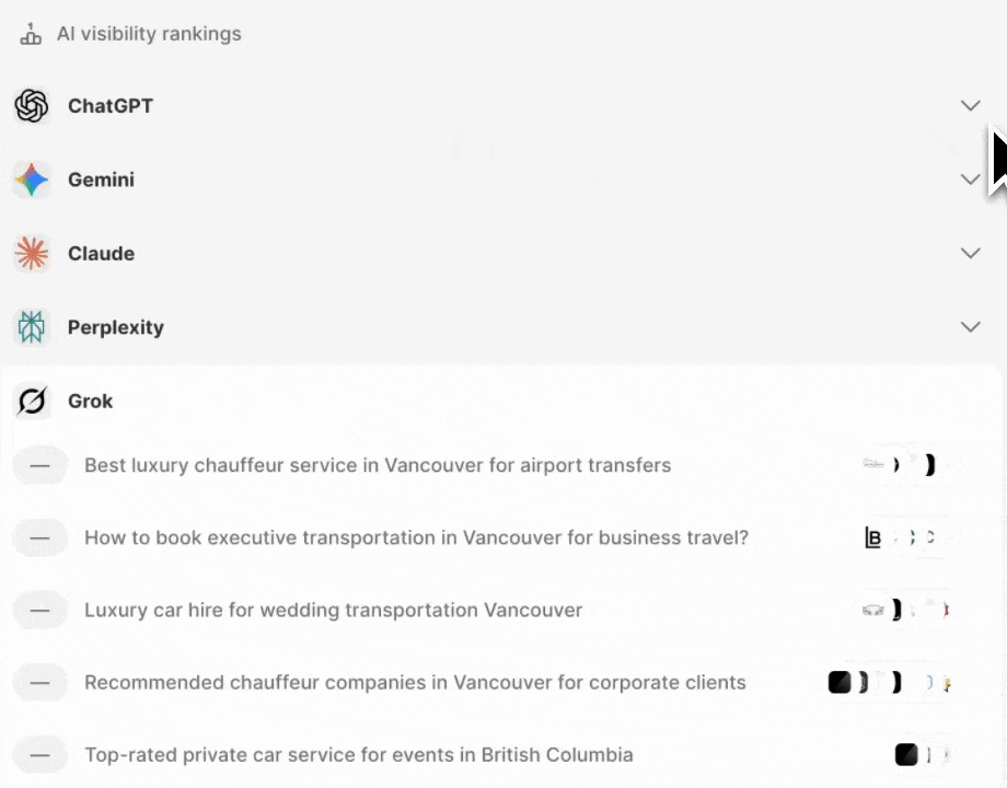 GIF showing businesses that are being recommended by AI platforms like ChatGPT, Claude, Perplexity, Gemini, and Grok.