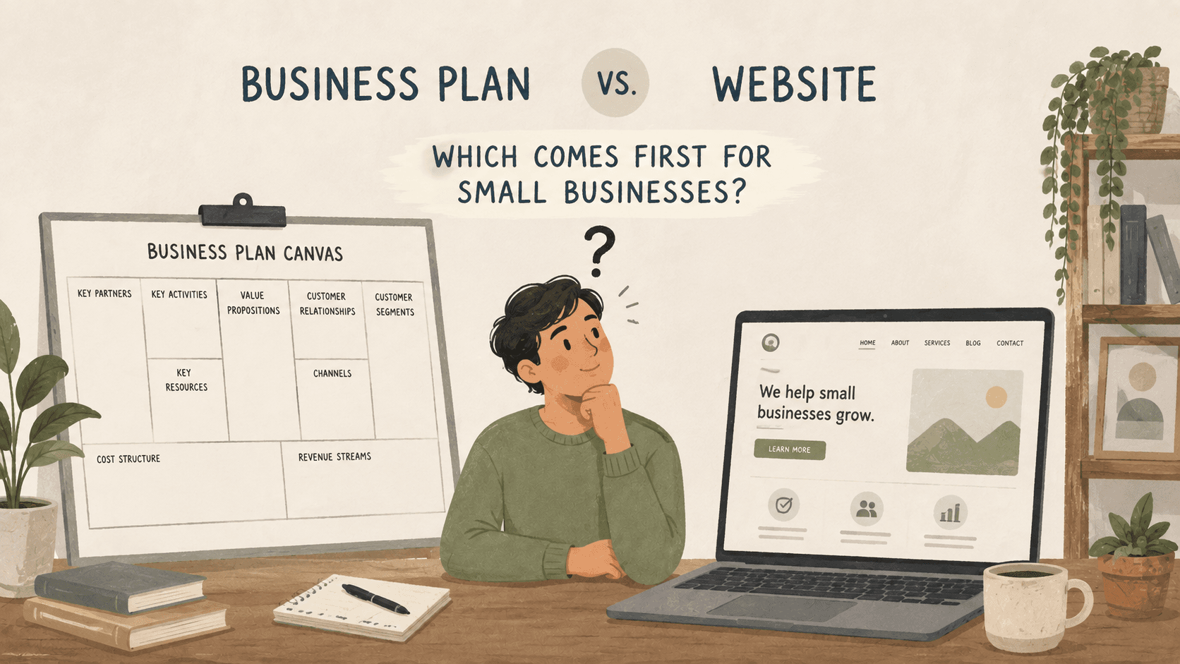 Image of a person comparing a website with a business plan on either side.