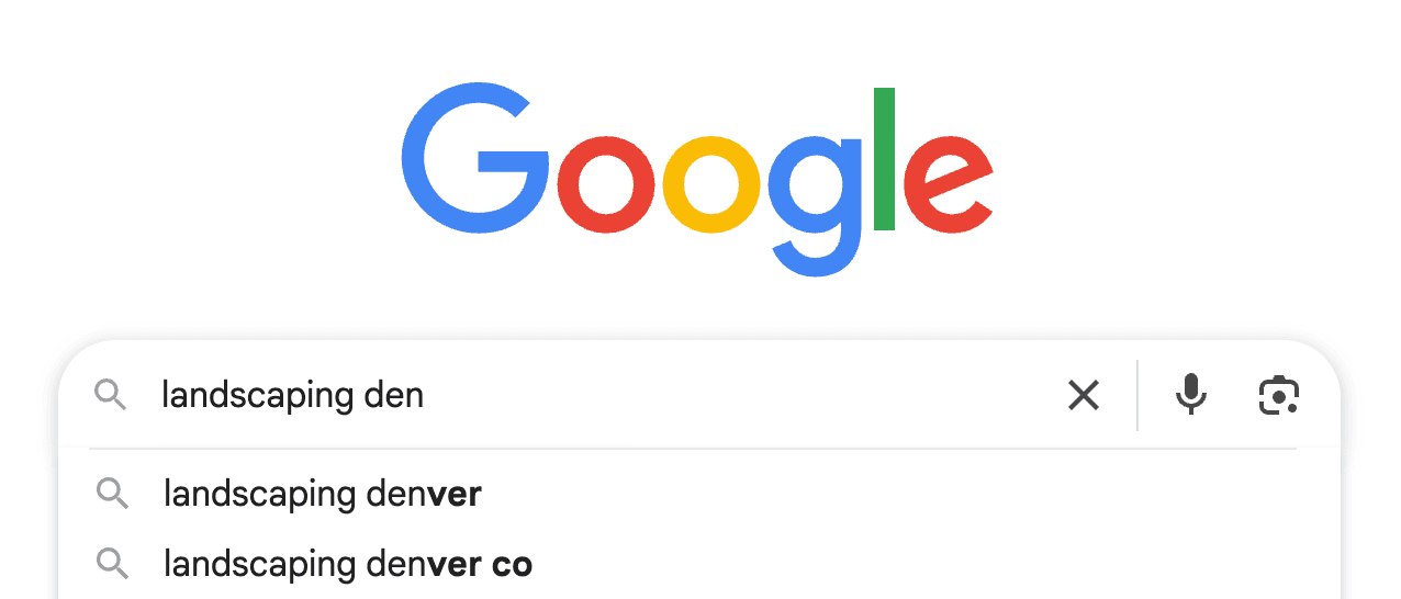 Google autocomplete suggestions showing local keyword variations for landscaping searches in Denver