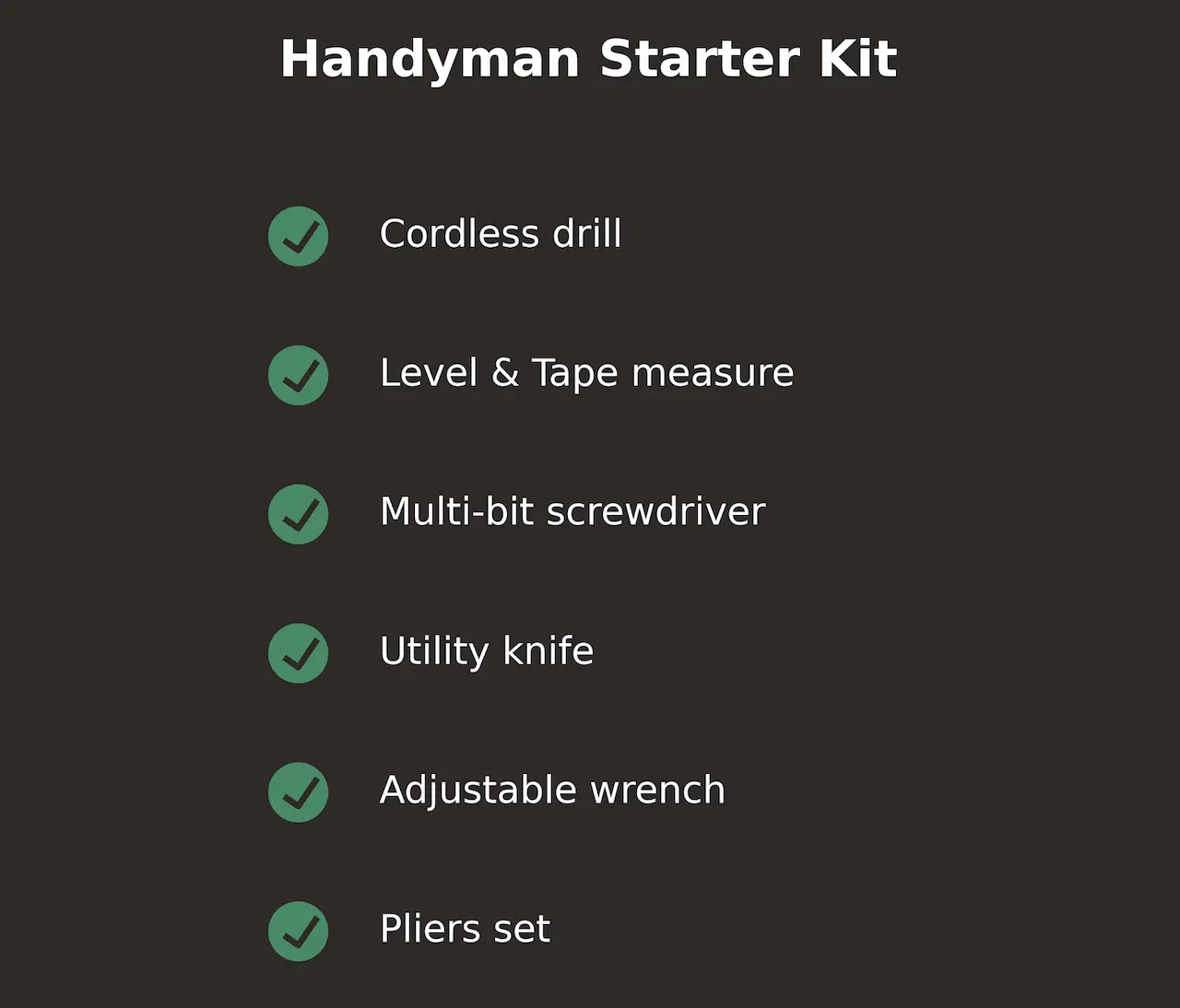Checklist of essential tools needed to start a handyman business including drill and hand tools.