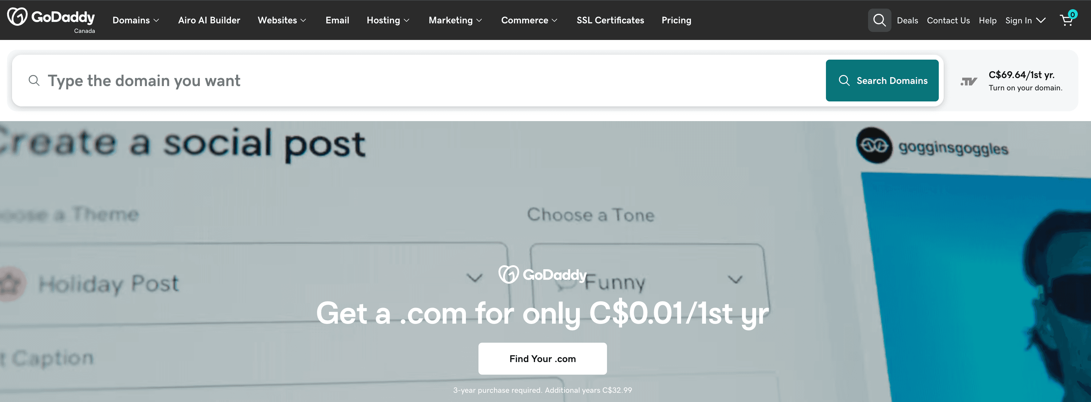 Screenshot of GoDaddy