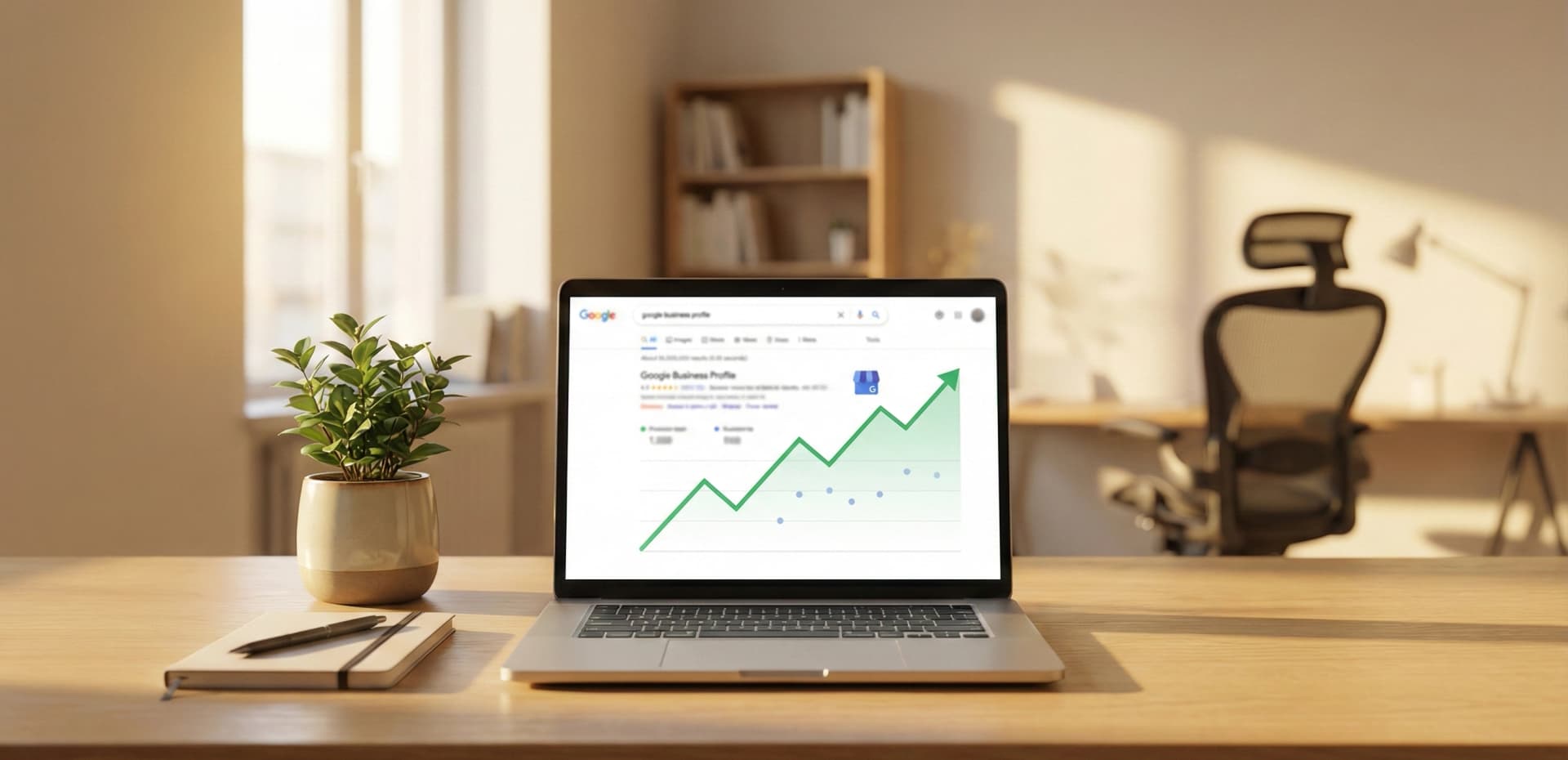 Workstation with laptop open to an SEO performance report of a small business