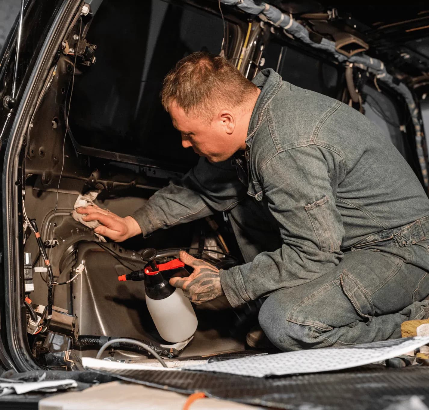 Business owner crouching down and working on a car detailing job