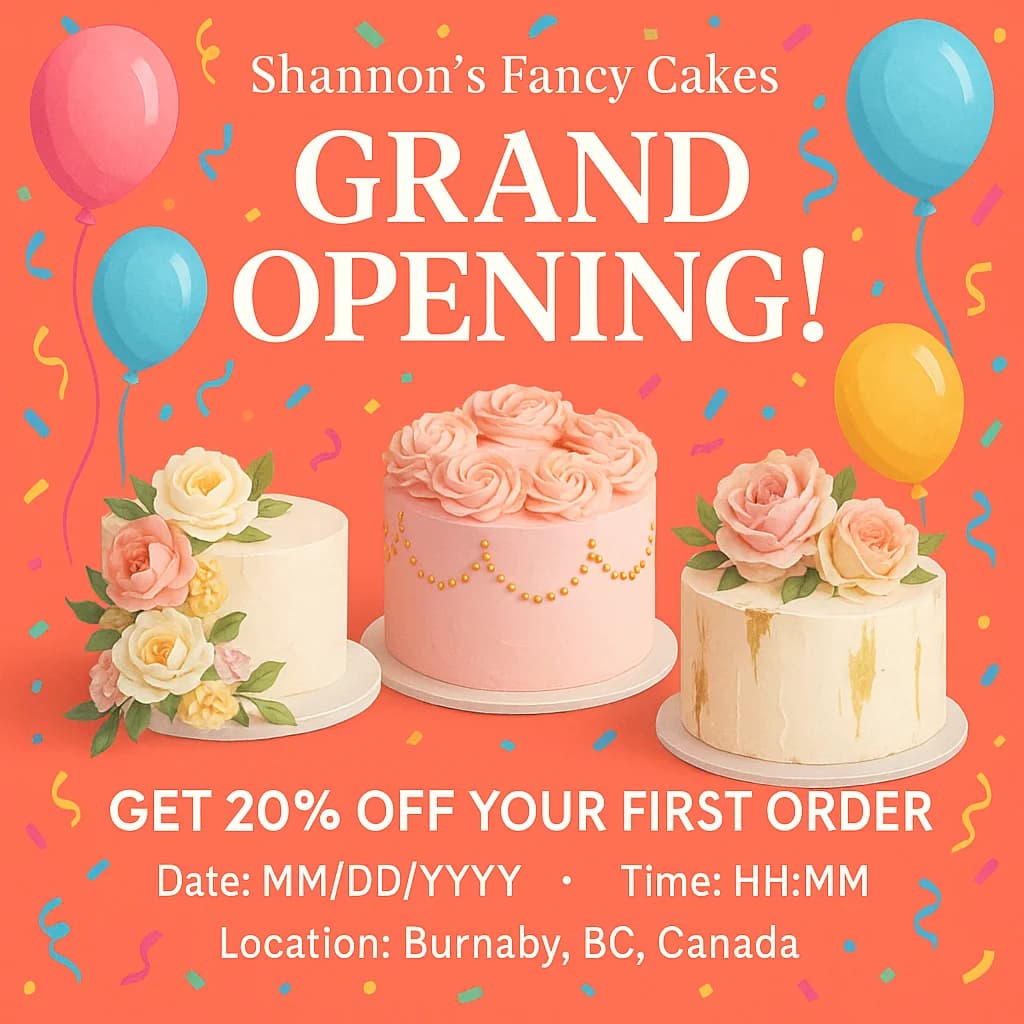 Catering business grand opening promotion with decorated cakes, date, time, location, and discounts