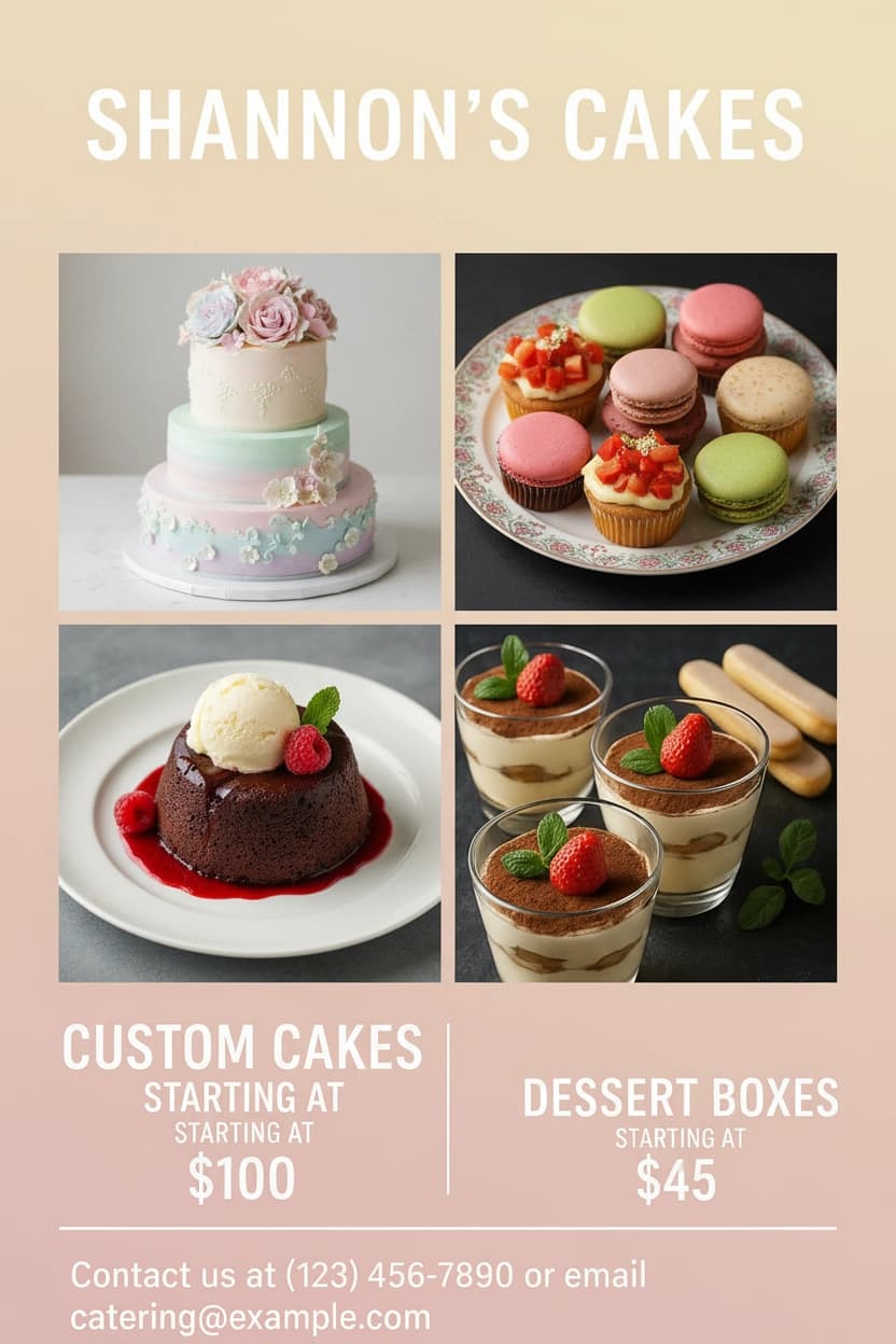 Catering company flyer displaying custom cakes and other dessert-based catering services