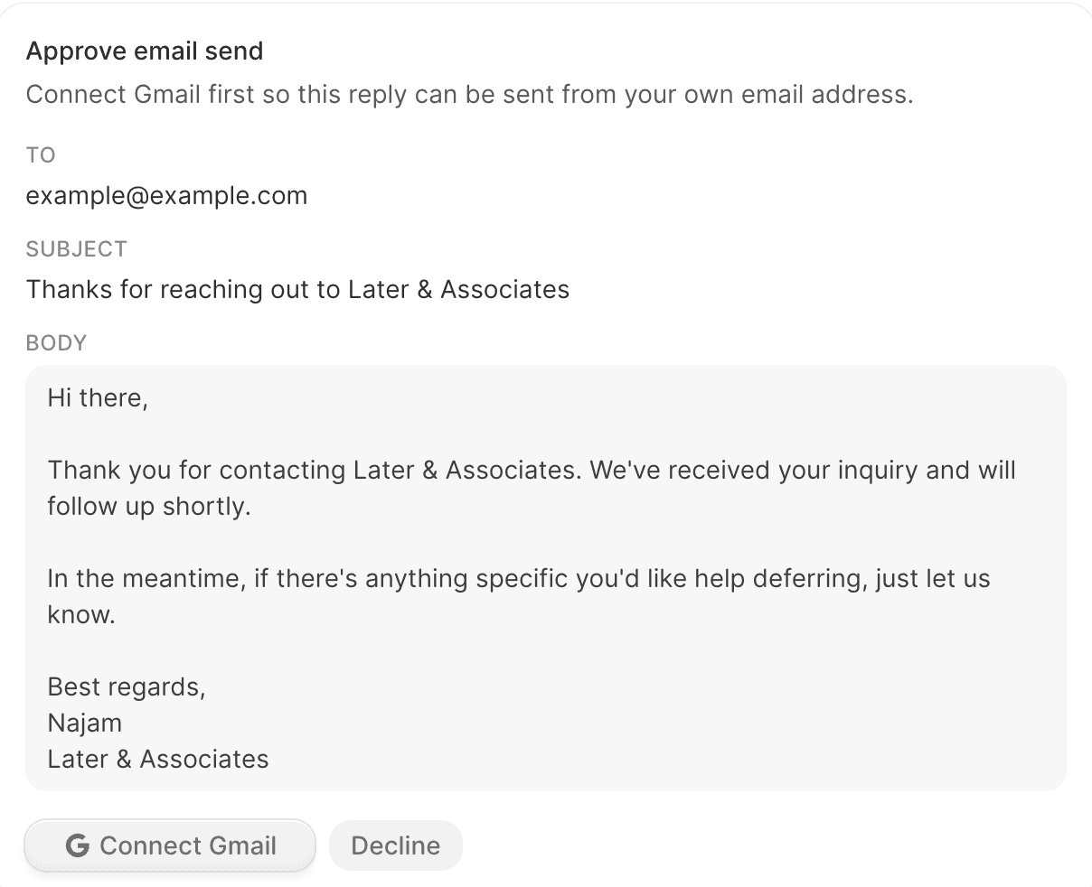 Screenshot of Durable's auto-reply feature
