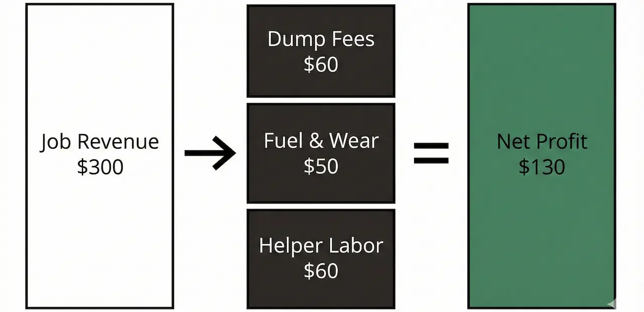 Breakdown of profit margins for a standard 300 dollar junk removal job including disposal fees and labor costs.
