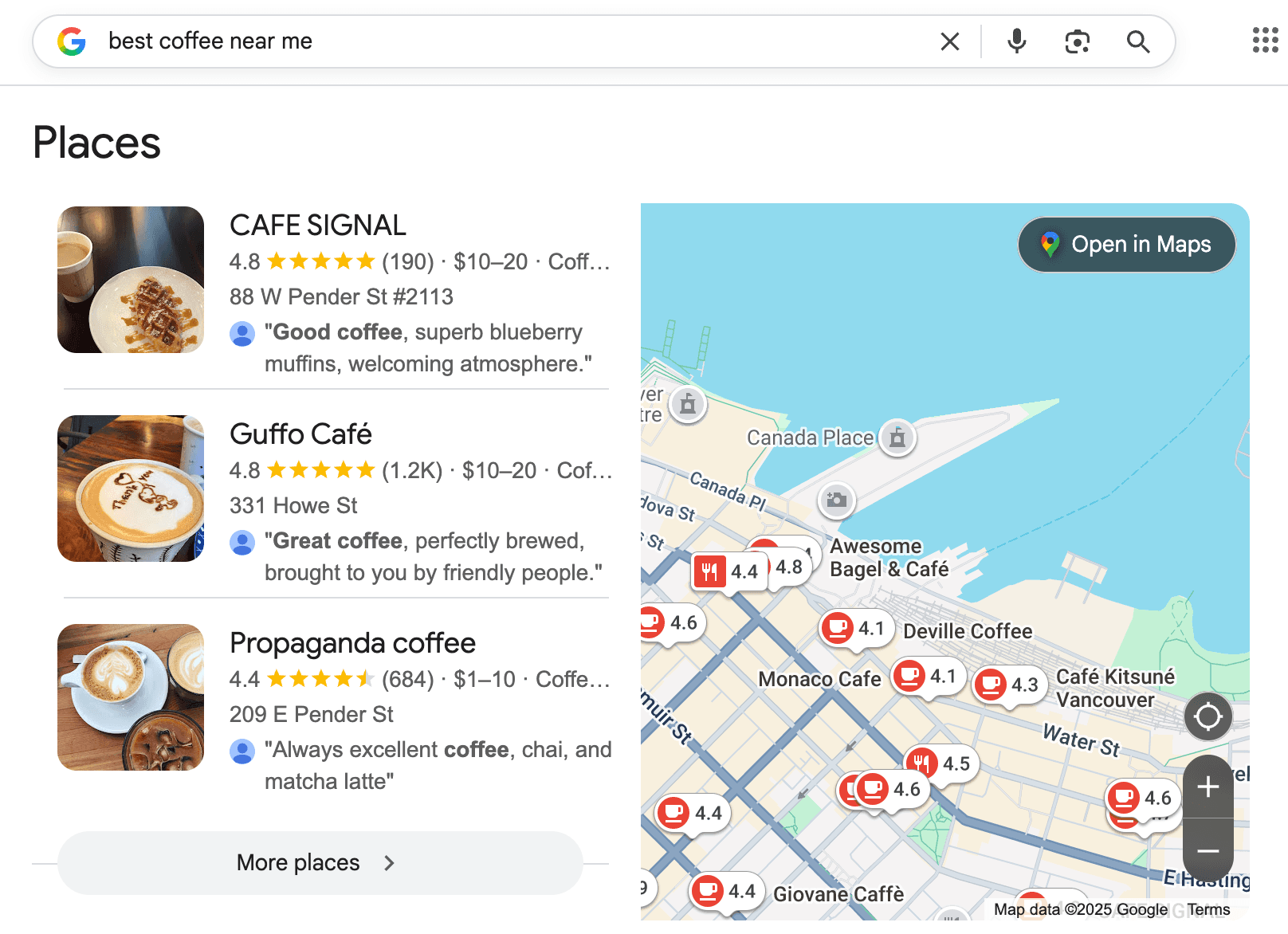 Map pack results for "best coffee near me" showing 3 local businesses with ratings, hours, and location on Google map