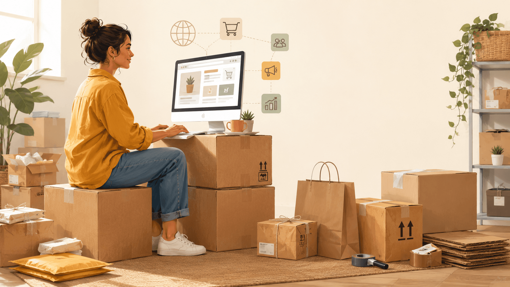 Person sitting on cardboard boxes looking at a computer screen