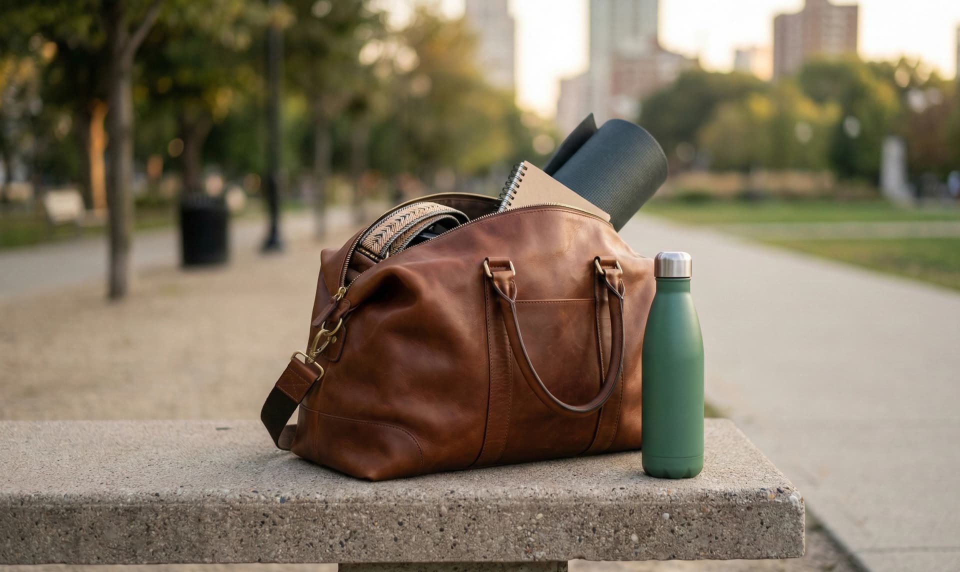 Image of a leather bag with items a service business owner might car: notepad, charts, calendar, travel mug.